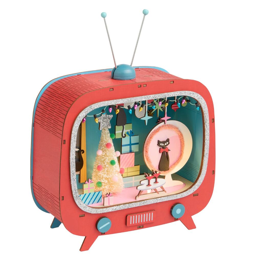 Mid-Century Modern Atomic Cat TV Set Light Up Christmas Decor Laser Cut Wood NEW